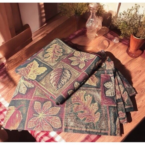 Fall Leaves Placemats Set of 4 & Table Runner Tapestry Reds Oranges Autumn Color - Picture 1 of 9